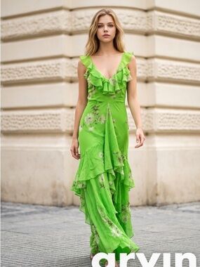 ASOS Green Floral Ruffle V-Neck Maxi Dress